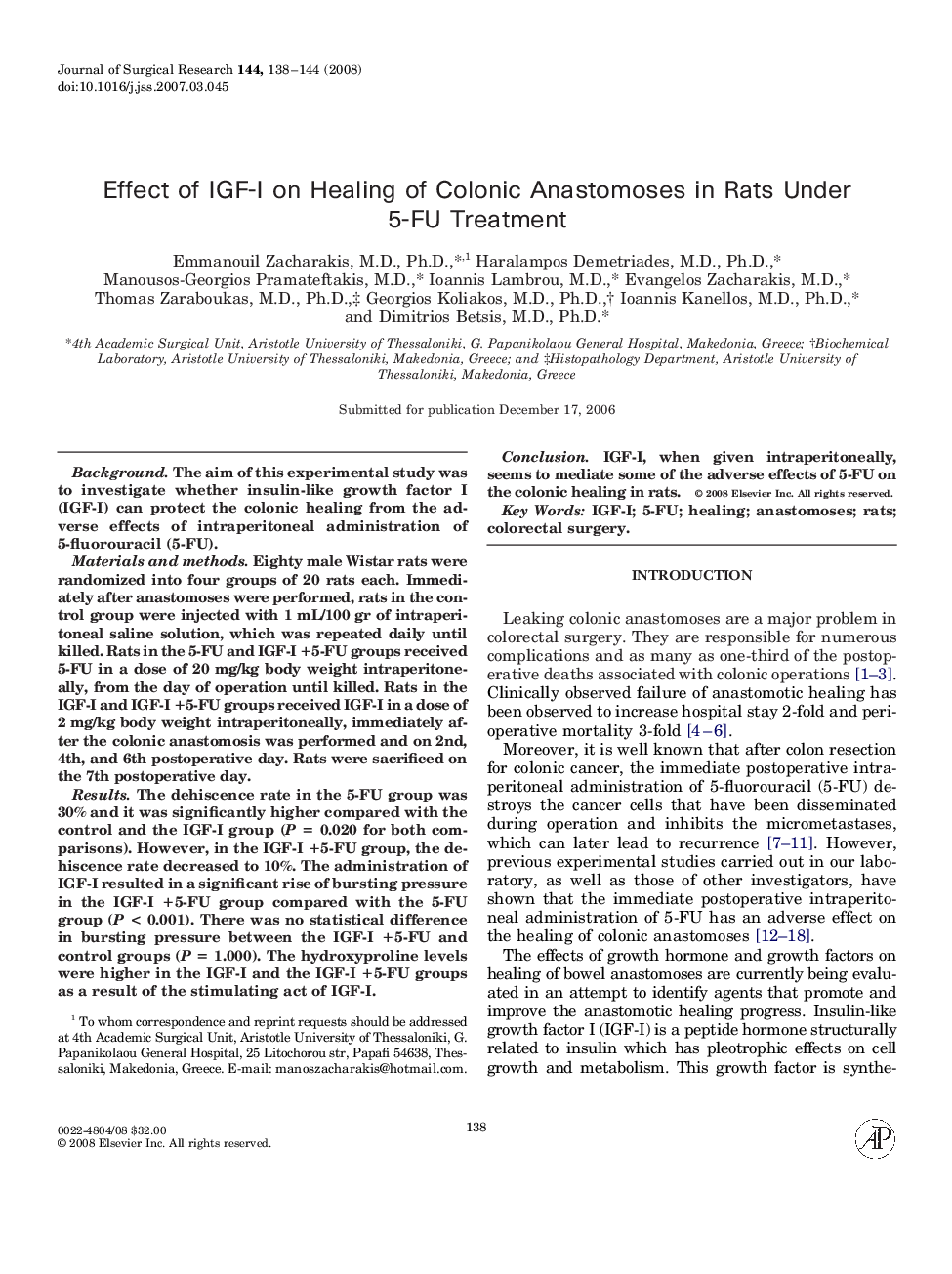 Effect of IGF-I on Healing of Colonic Anastomoses in Rats Under 5-FU Treatment