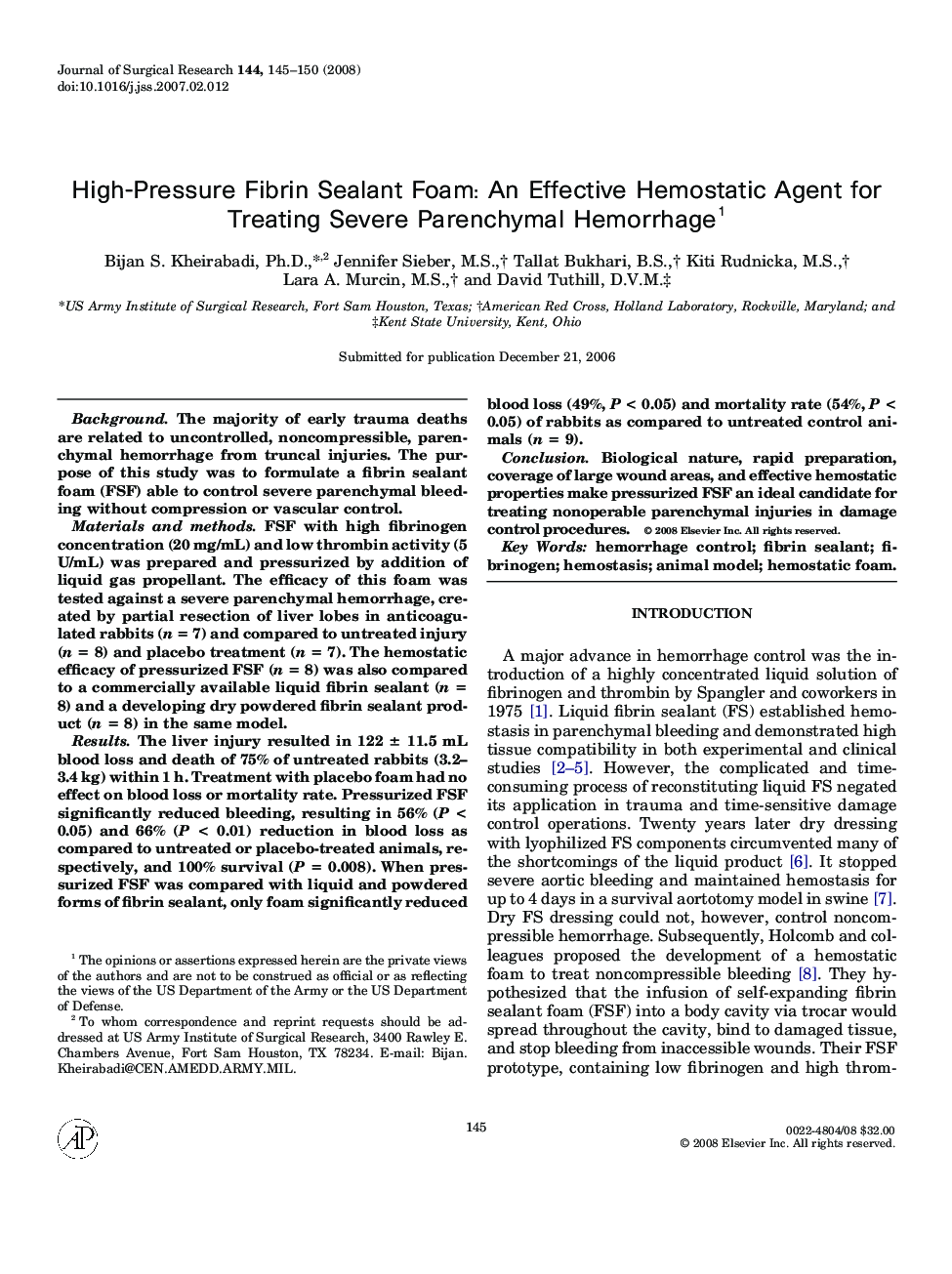 High-Pressure Fibrin Sealant Foam: An Effective Hemostatic Agent for Treating Severe Parenchymal Hemorrhage 1