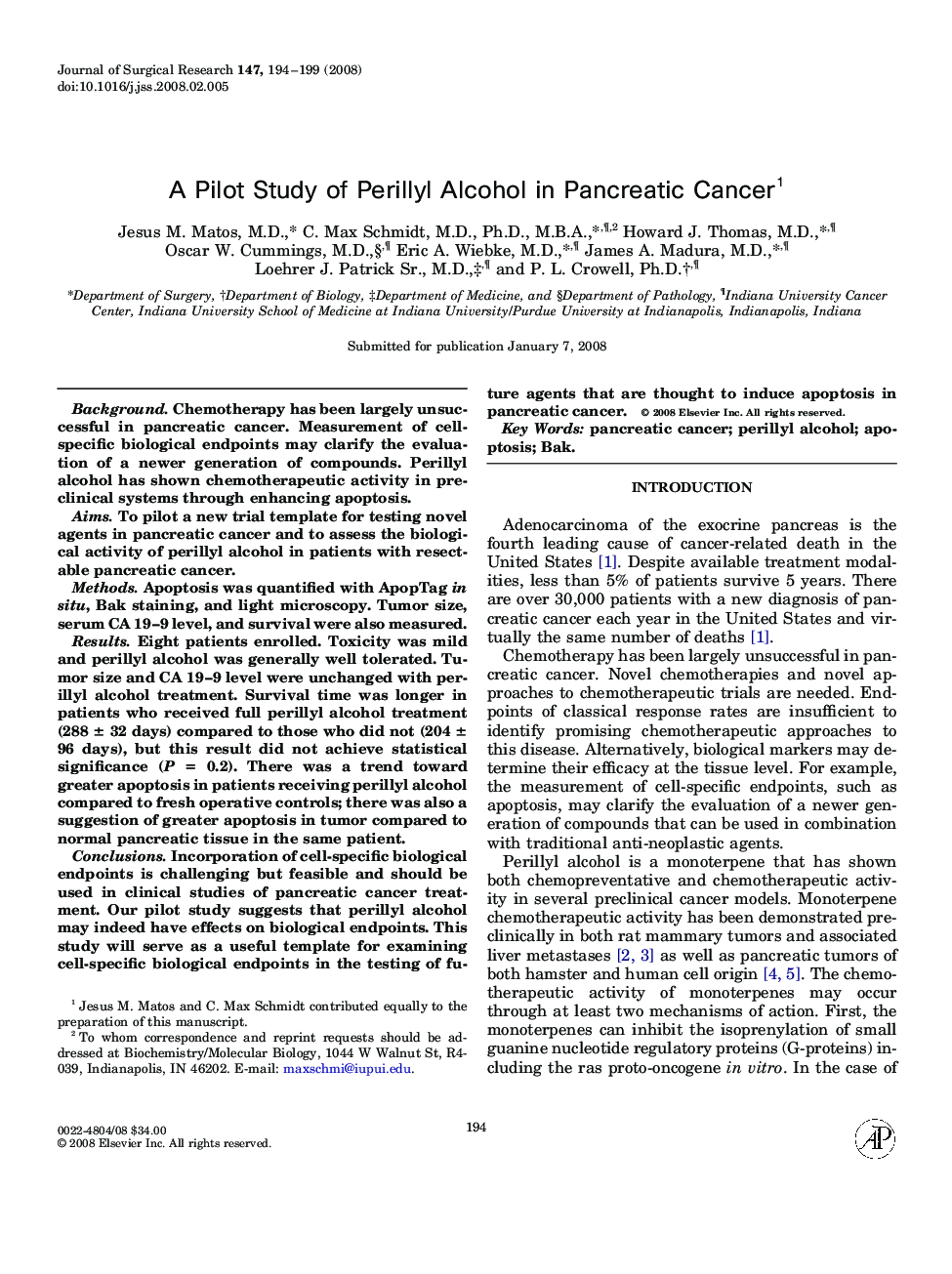 A Pilot Study of Perillyl Alcohol in Pancreatic Cancer