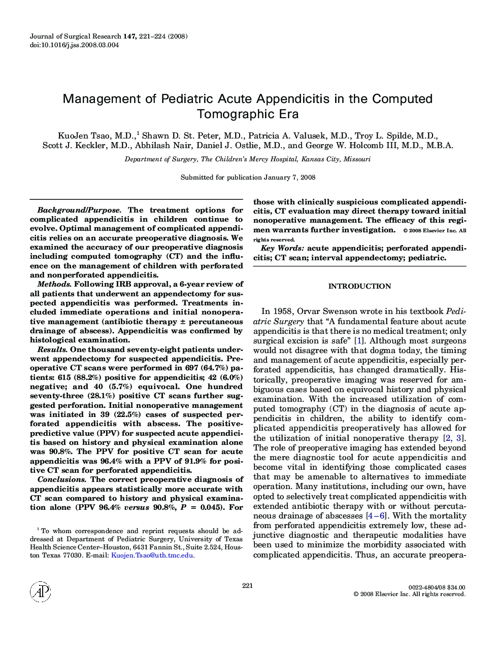 Management of Pediatric Acute Appendicitis in the Computed Tomographic Era