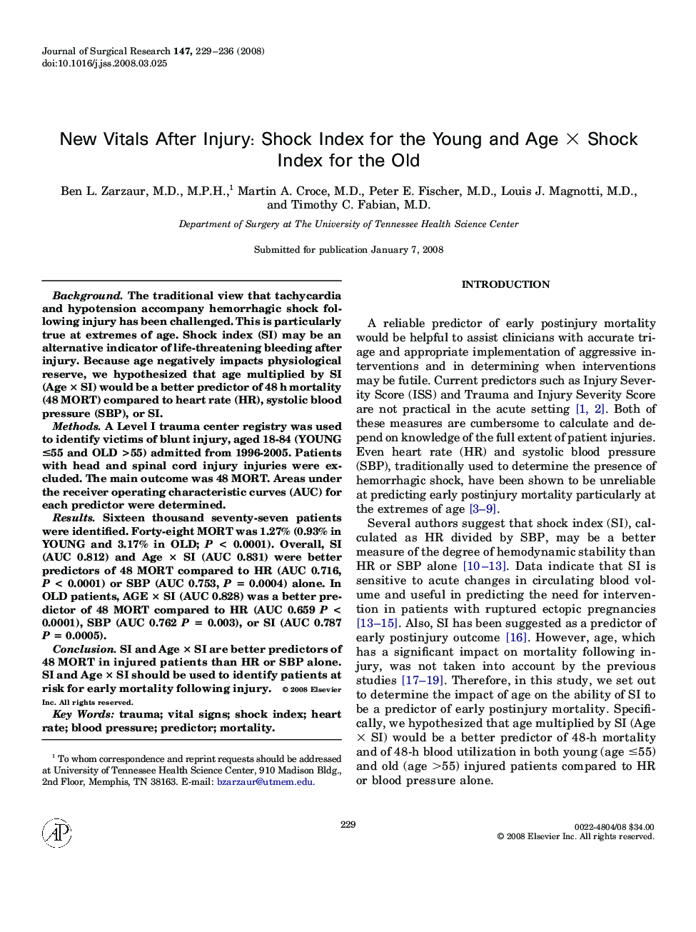 New Vitals After Injury: Shock Index for the Young and Age × Shock Index for the Old