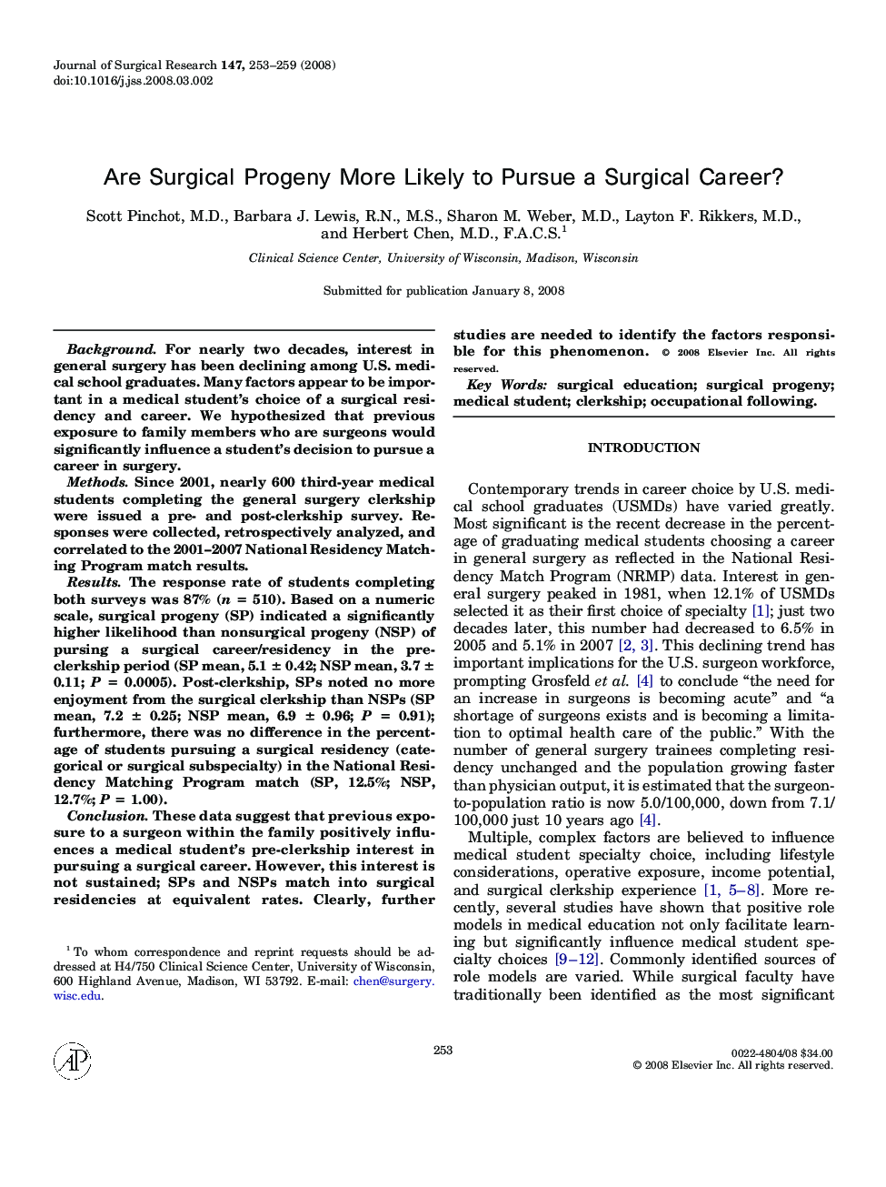 Are Surgical Progeny More Likely to Pursue a Surgical Career?