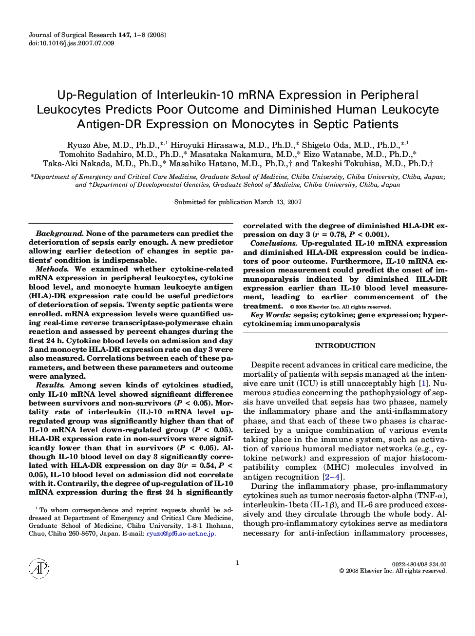 Up-Regulation of Interleukin-10 mRNA Expression in Peripheral Leukocytes Predicts Poor Outcome and Diminished Human Leukocyte Antigen-DR Expression on Monocytes in Septic Patients