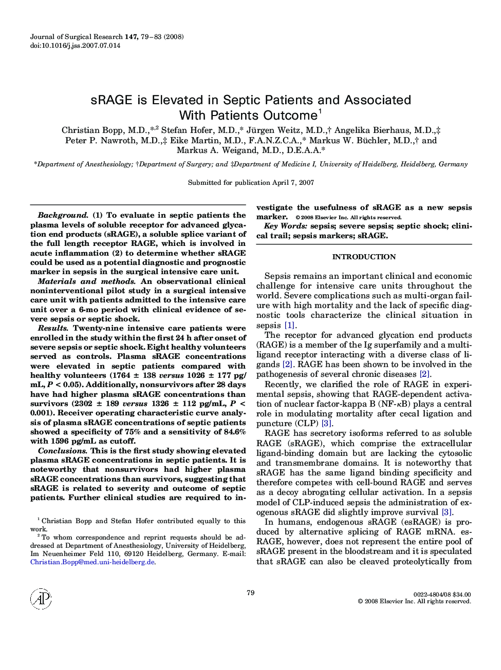 sRAGE is Elevated in Septic Patients and Associated With Patients Outcome 1