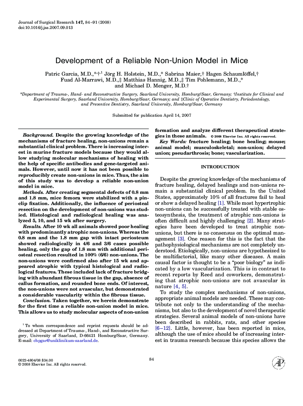 Development of a Reliable Non-Union Model in Mice