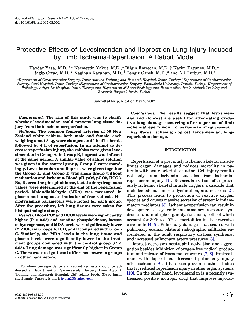 Protective Effects of Levosimendan and Iloprost on Lung Injury Induced by Limb Ischemia-Reperfusion: A Rabbit Model