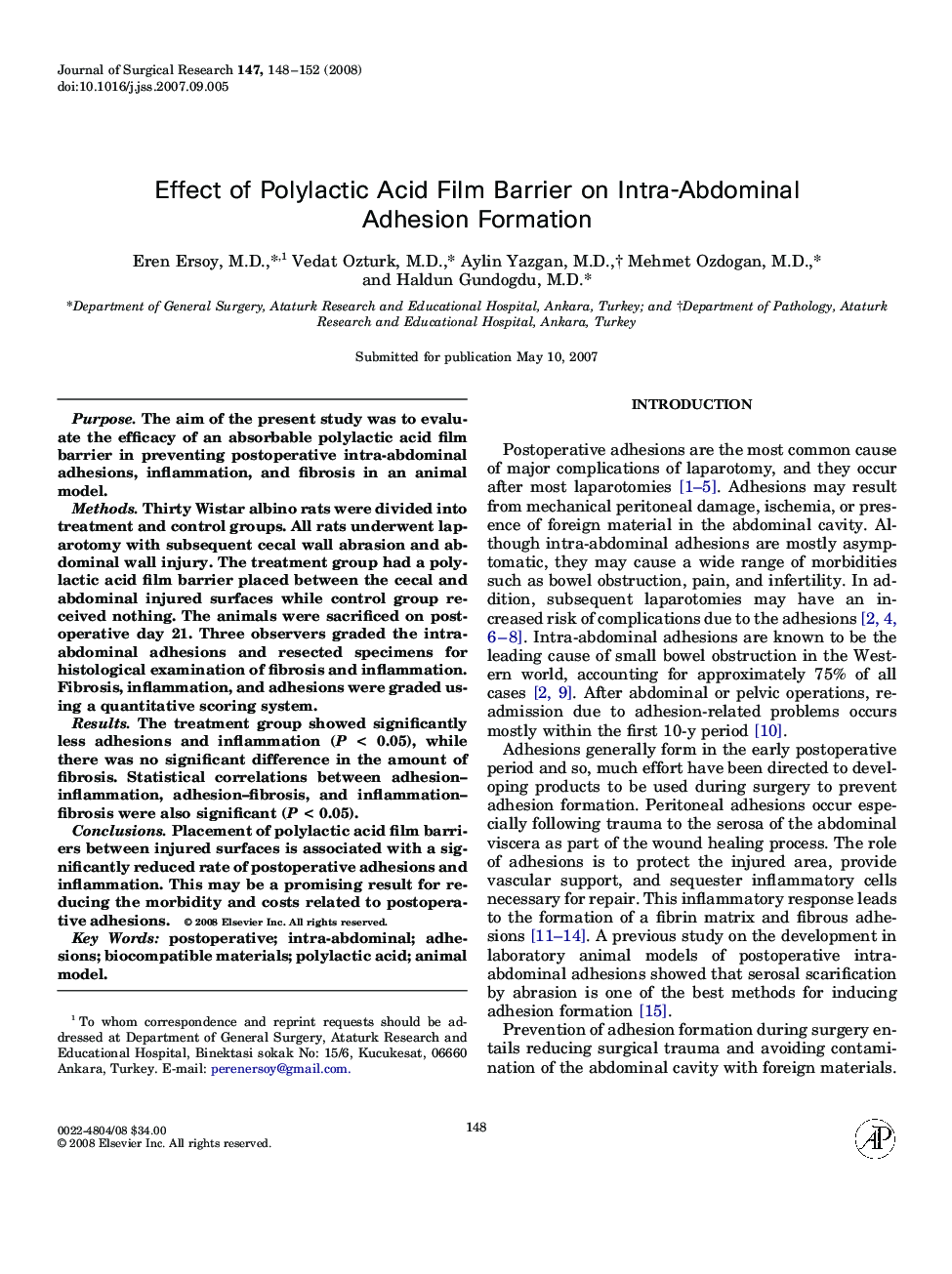 Effect of Polylactic Acid Film Barrier on Intra-Abdominal Adhesion Formation