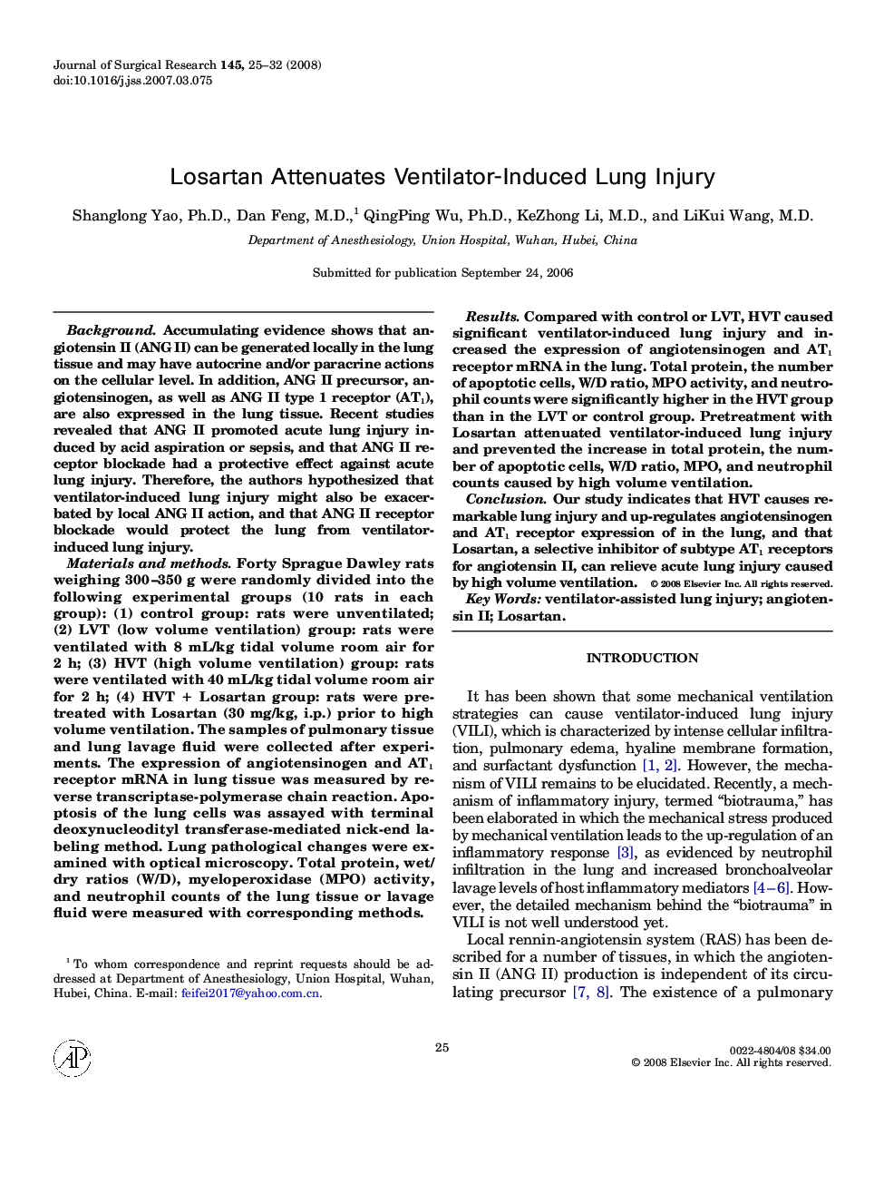 Losartan Attenuates Ventilator-Induced Lung Injury