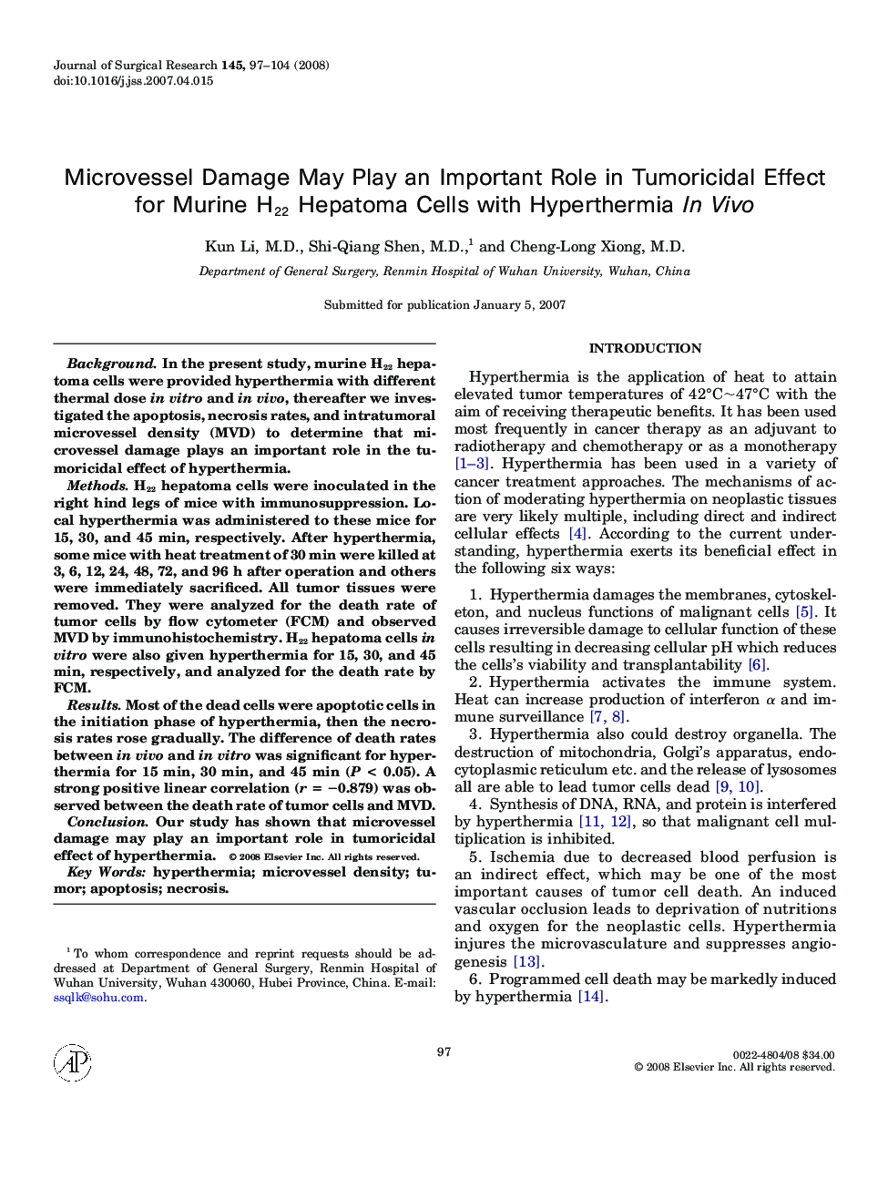 Microvessel Damage May Play an Important Role in Tumoricidal Effect for Murine H22 Hepatoma Cells with Hyperthermia In Vivo