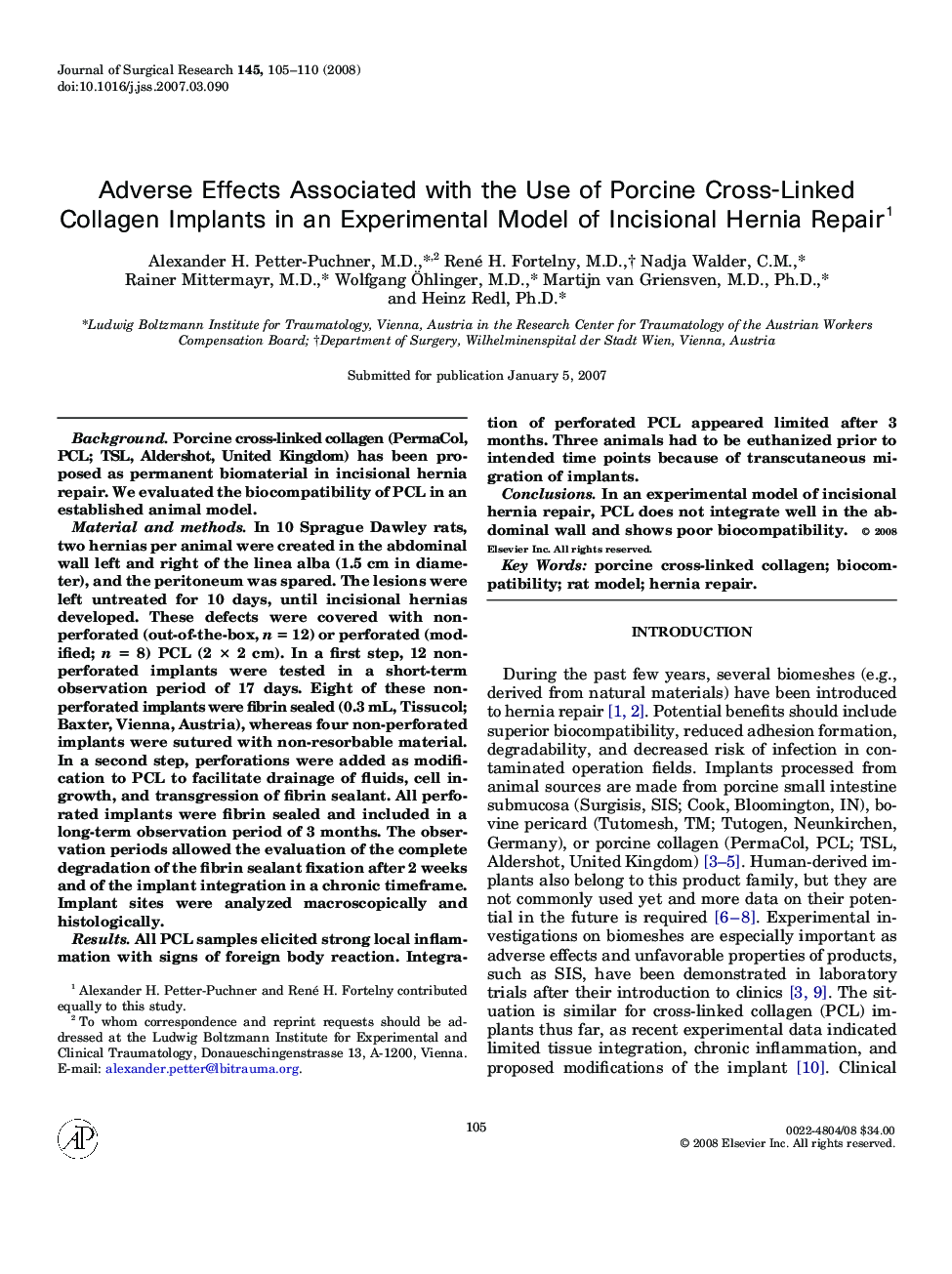 Adverse Effects Associated with the Use of Porcine Cross-Linked Collagen Implants in an Experimental Model of Incisional Hernia Repair 1