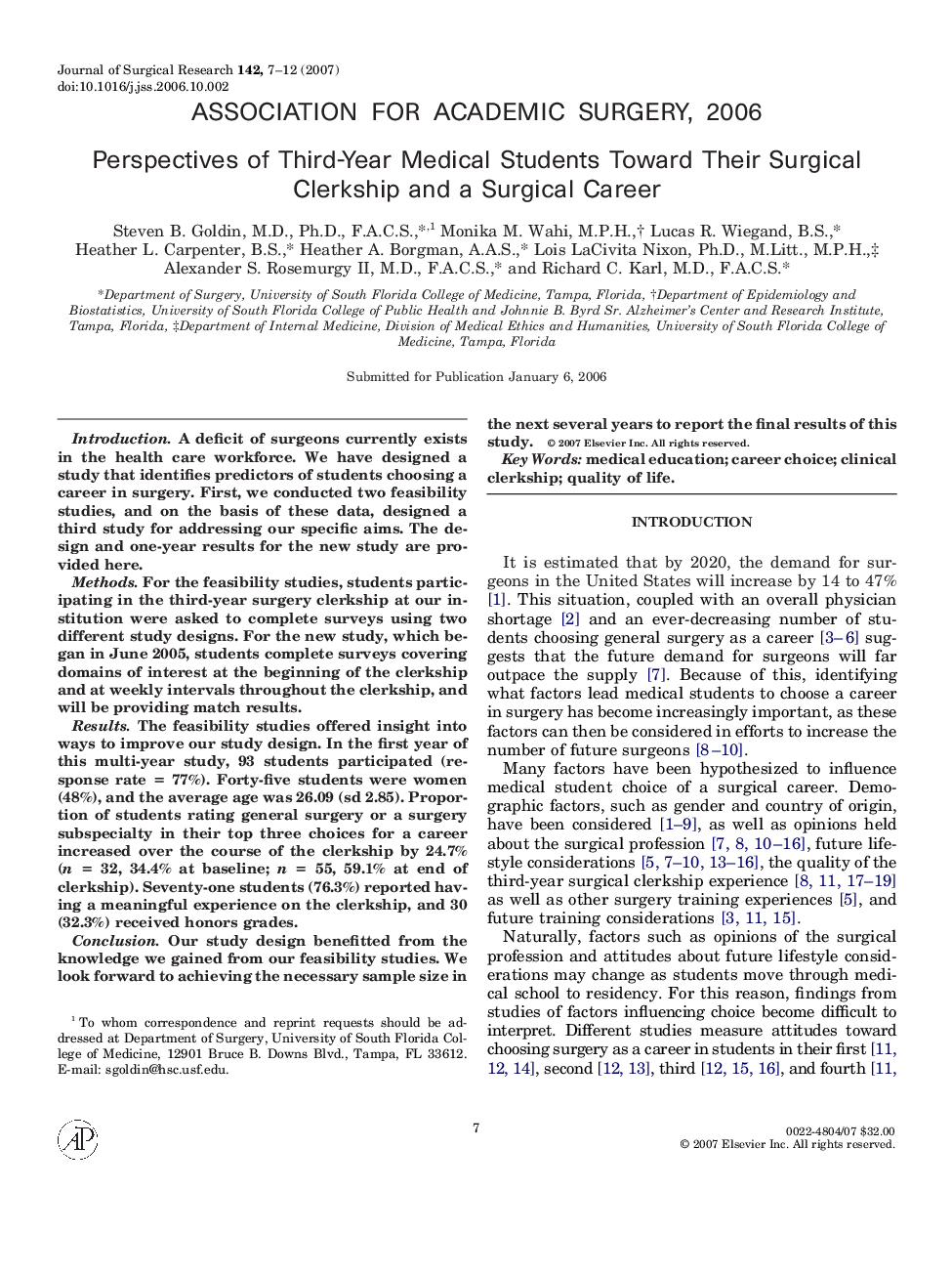 Perspectives of Third-Year Medical Students Toward Their Surgical Clerkship and a Surgical Career