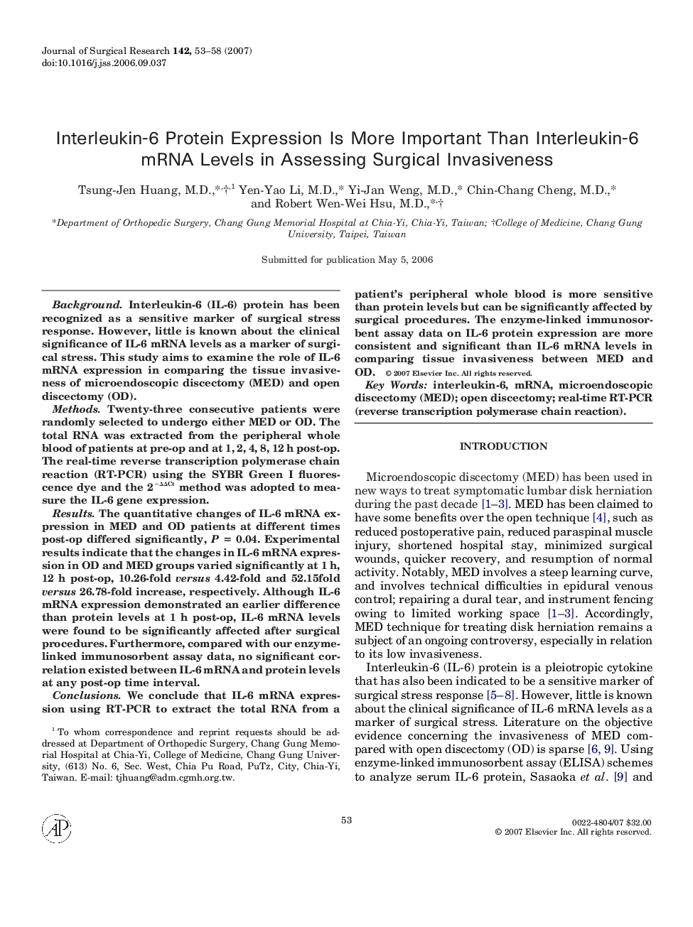 Interleukin-6 Protein Expression Is More Important Than Interleukin-6 mRNA Levels in Assessing Surgical Invasiveness
