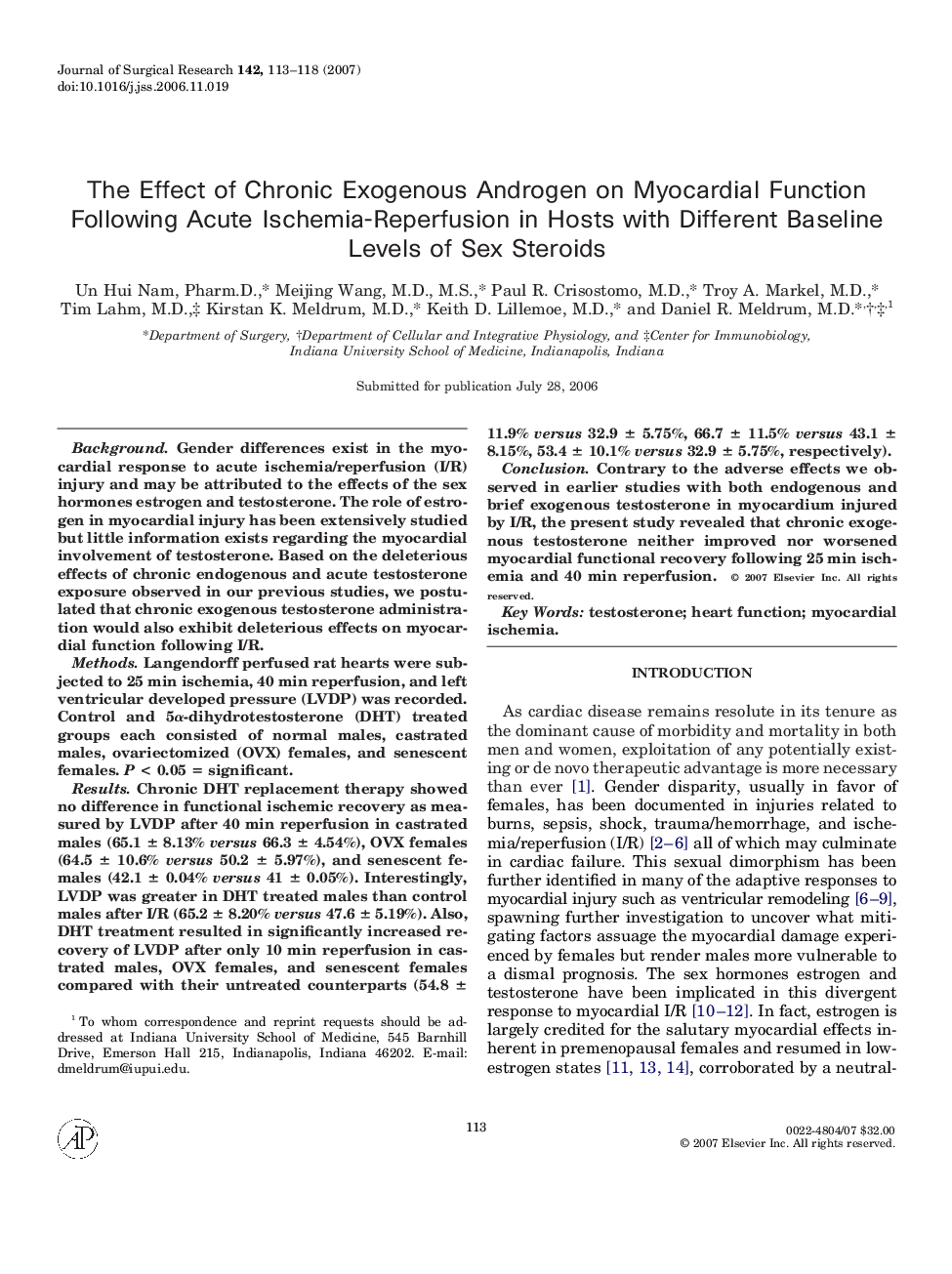 The Effect of Chronic Exogenous Androgen on Myocardial Function Following Acute Ischemia-Reperfusion in Hosts with Different Baseline Levels of Sex Steroids