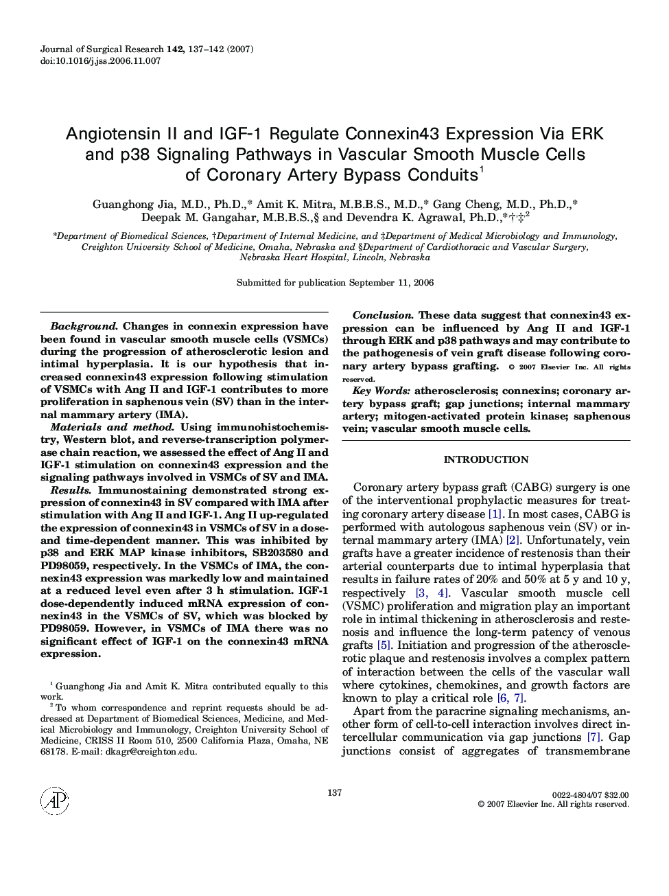 Angiotensin II and IGF-1 Regulate Connexin43 Expression Via ERK and p38 Signaling Pathways in Vascular Smooth Muscle Cells of Coronary Artery Bypass Conduits 1