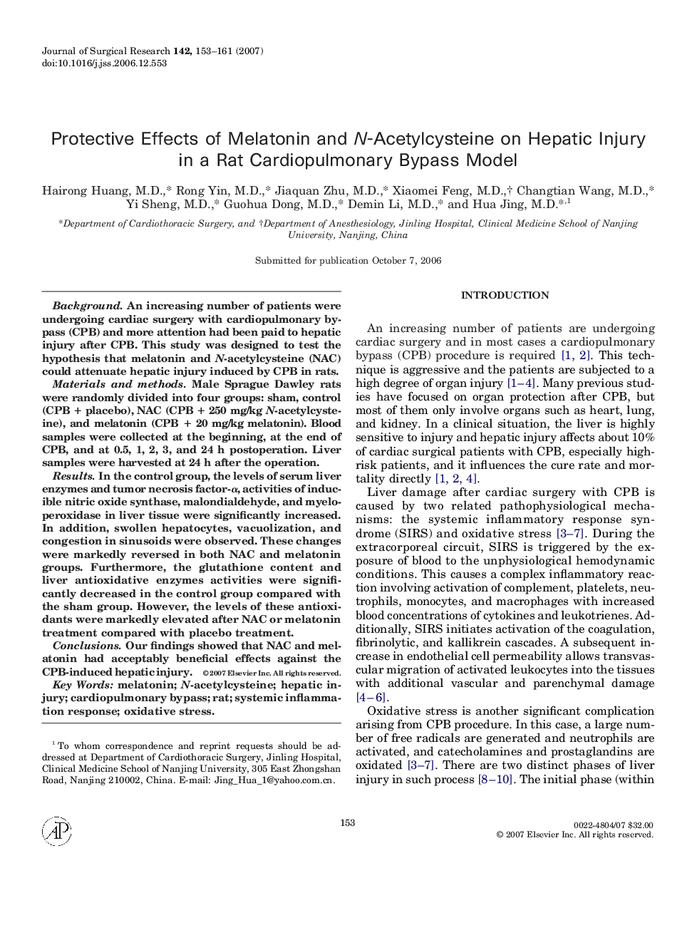 Protective Effects of Melatonin and N-Acetylcysteine on Hepatic Injury in a Rat Cardiopulmonary Bypass Model