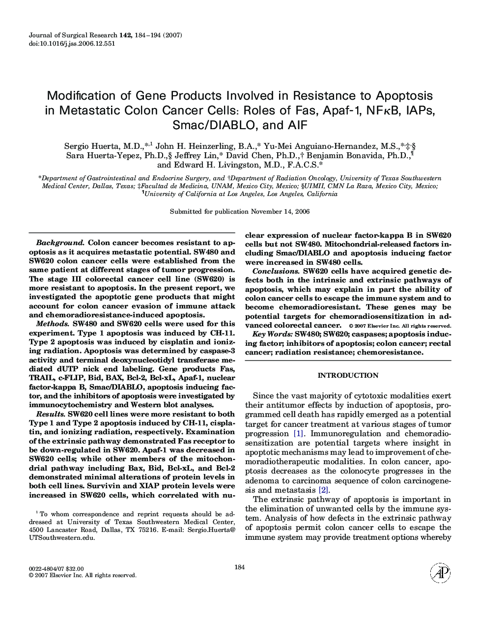 Modification of Gene Products Involved in Resistance to Apoptosis in Metastatic Colon Cancer Cells: Roles of Fas, Apaf-1, NFκB, IAPs, Smac/DIABLO, and AIF