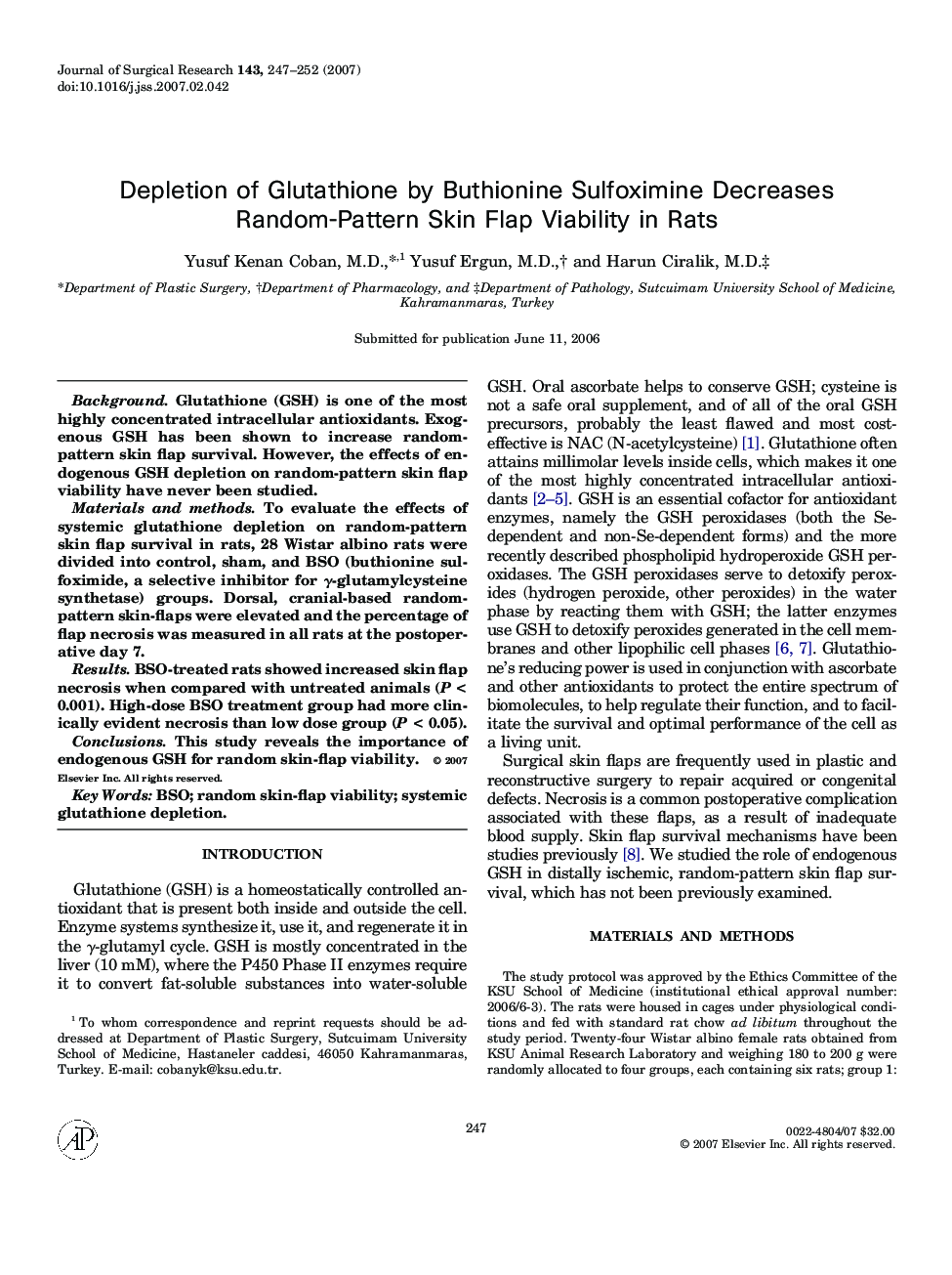 Depletion of Glutathione by Buthionine Sulfoximine Decreases Random-Pattern Skin Flap Viability in Rats