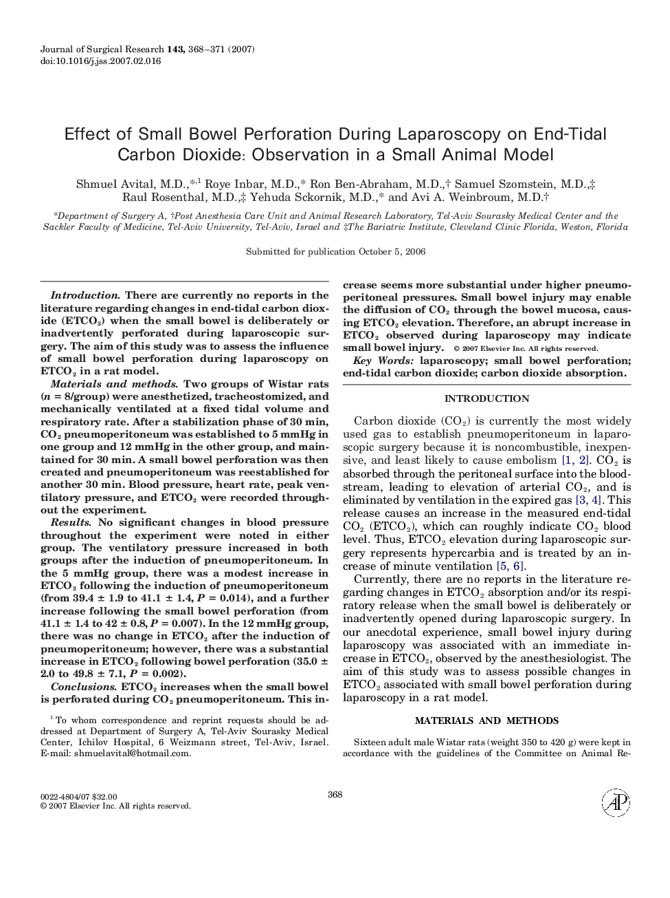 Effect of Small Bowel Perforation During Laparoscopy on End-Tidal Carbon Dioxide: Observation in a Small Animal Model