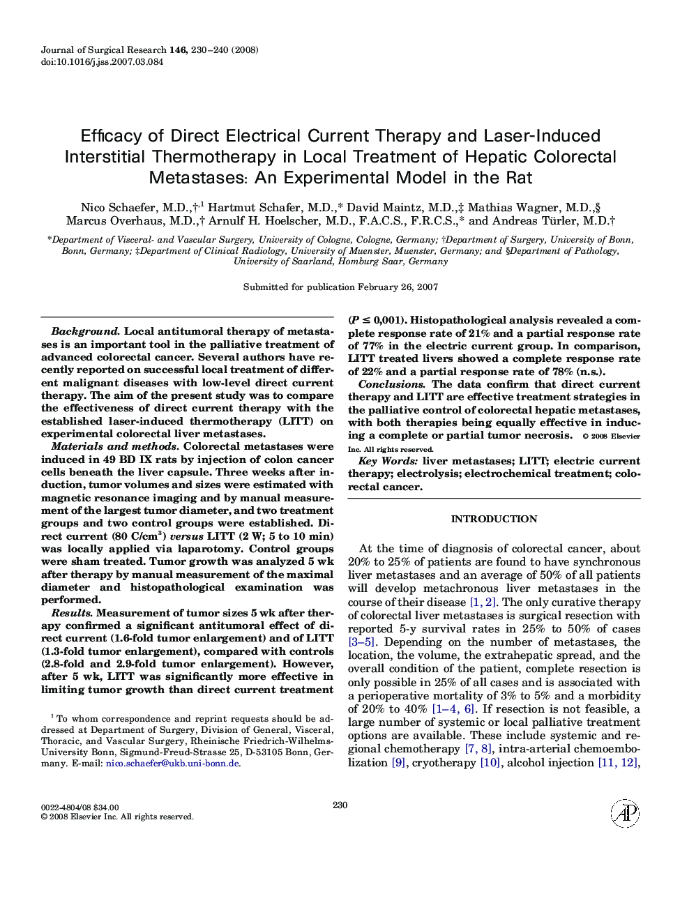 Efficacy of Direct Electrical Current Therapy and Laser-Induced Interstitial Thermotherapy in Local Treatment of Hepatic Colorectal Metastases: An Experimental Model in the Rat