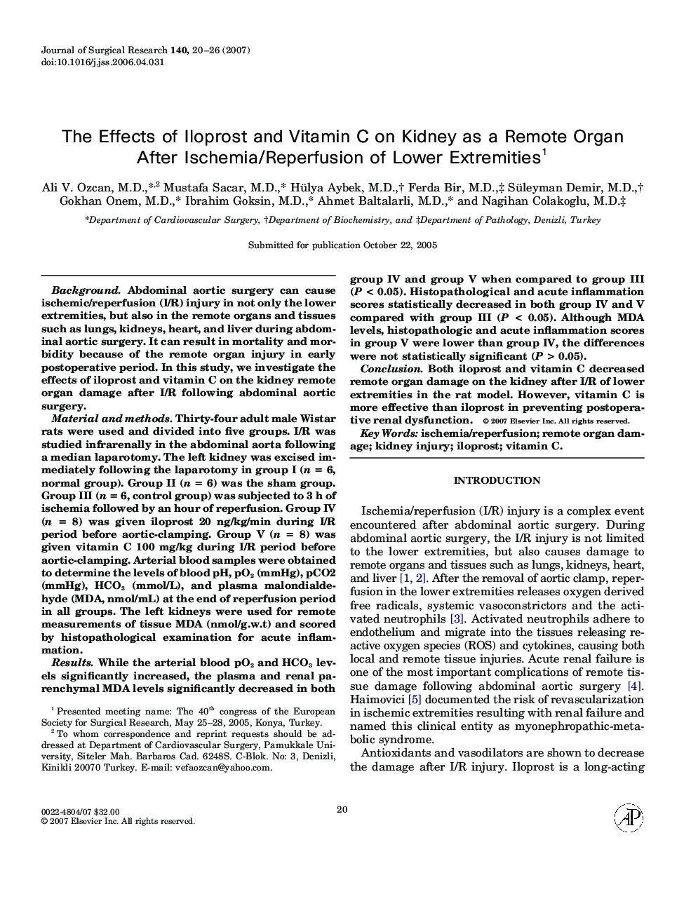 The Effects of Iloprost and Vitamin C on Kidney as a Remote Organ After Ischemia/Reperfusion of Lower Extremities