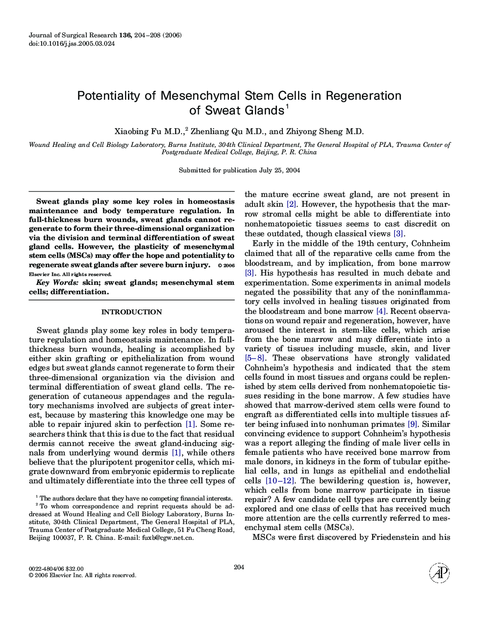 Potentiality of Mesenchymal Stem Cells in Regeneration of Sweat Glands 1