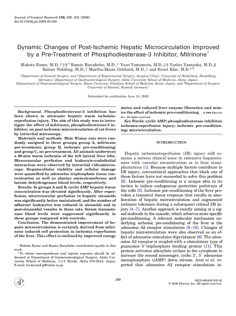 Dynamic Changes of Post-Ischemic Hepatic Microcirculation Improved by a Pre-Treatment of Phosphodiesterase-3 Inhibitor, Milrinone 1