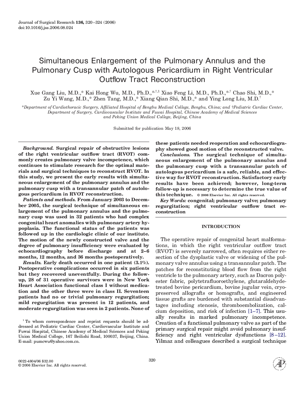 Simultaneous Enlargement of the Pulmonary Annulus and the Pulmonary Cusp with Autologous Pericardium in Right Ventricular Outflow Tract Reconstruction