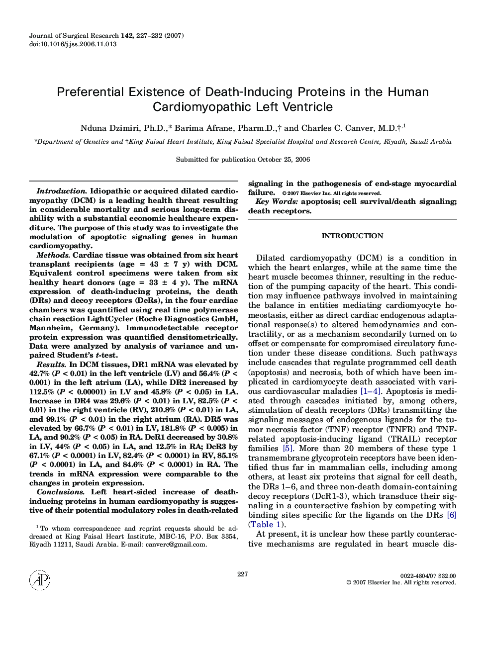 Preferential Existence of Death-Inducing Proteins in the Human Cardiomyopathic Left Ventricle