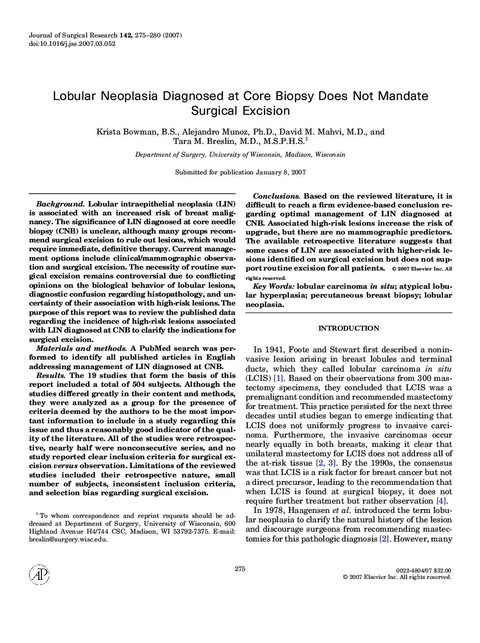 Lobular Neoplasia Diagnosed at Core Biopsy Does Not Mandate Surgical Excision