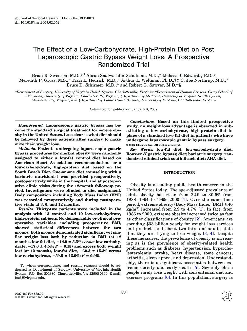The Effect of a Low-Carbohydrate, High-Protein Diet on Post Laparoscopic Gastric Bypass Weight Loss: A Prospective Randomized Trial