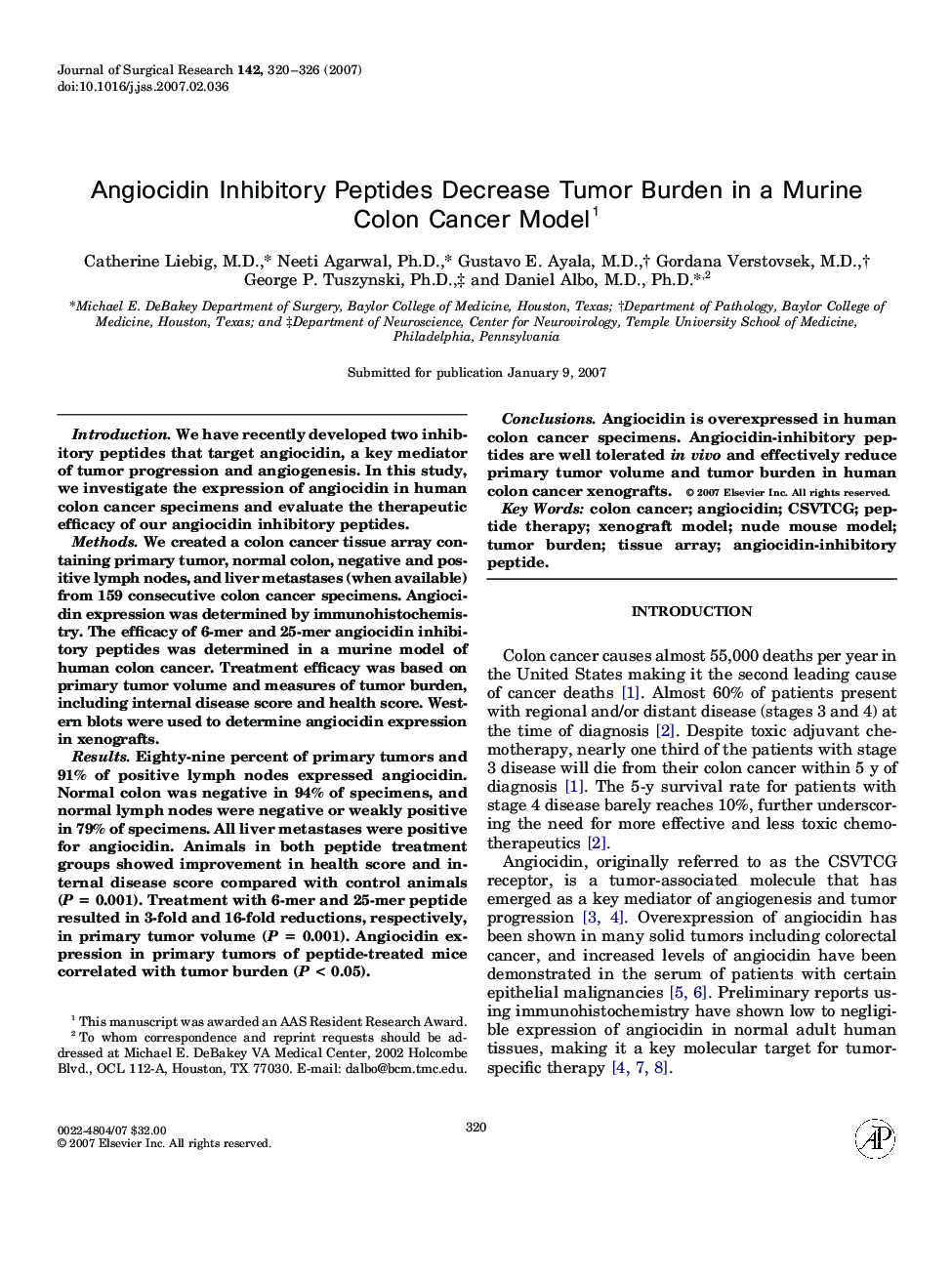 Angiocidin Inhibitory Peptides Decrease Tumor Burden in a Murine Colon Cancer Model 1