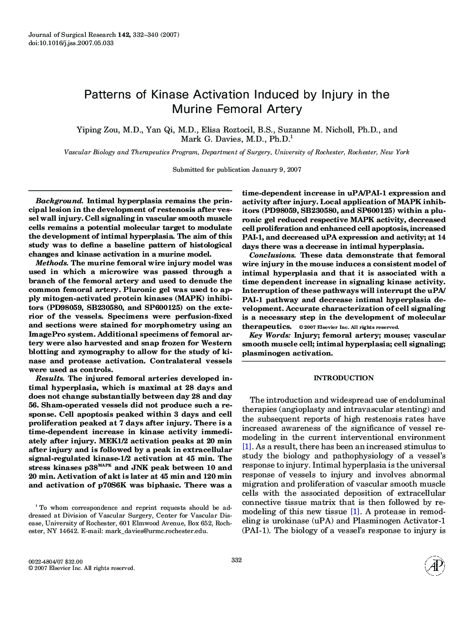 Patterns of Kinase Activation Induced by Injury in the Murine Femoral Artery