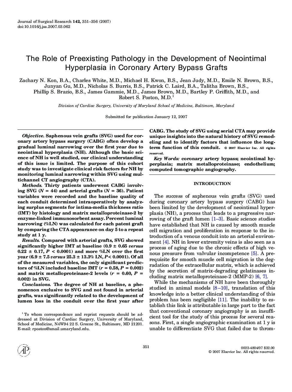 The Role of Preexisting Pathology in the Development of Neointimal Hyperplasia in Coronary Artery Bypass Grafts