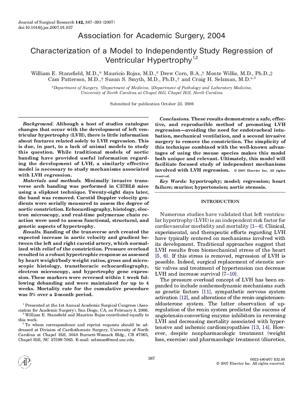 Characterization of a Model to Independently Study Regression of Ventricular Hypertrophy