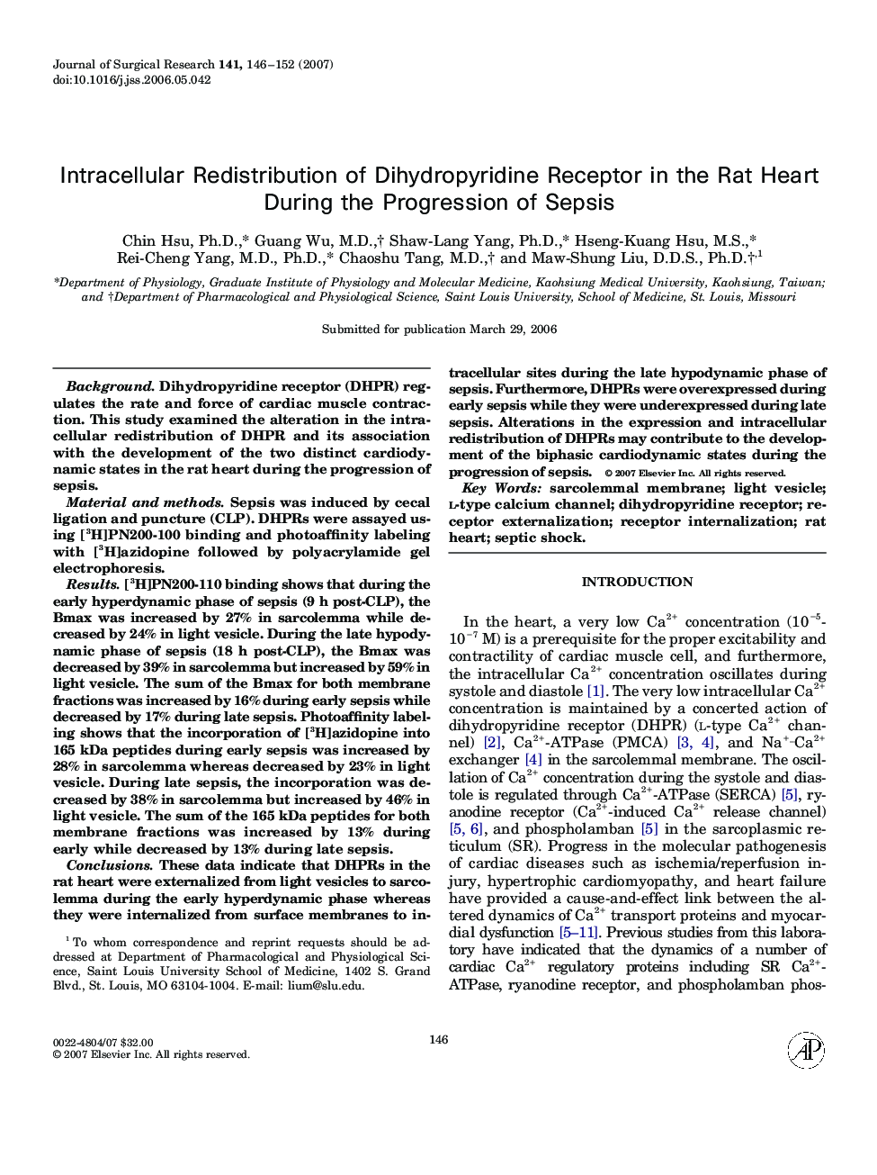 Intracellular Redistribution of Dihydropyridine Receptor in the Rat Heart During the Progression of Sepsis