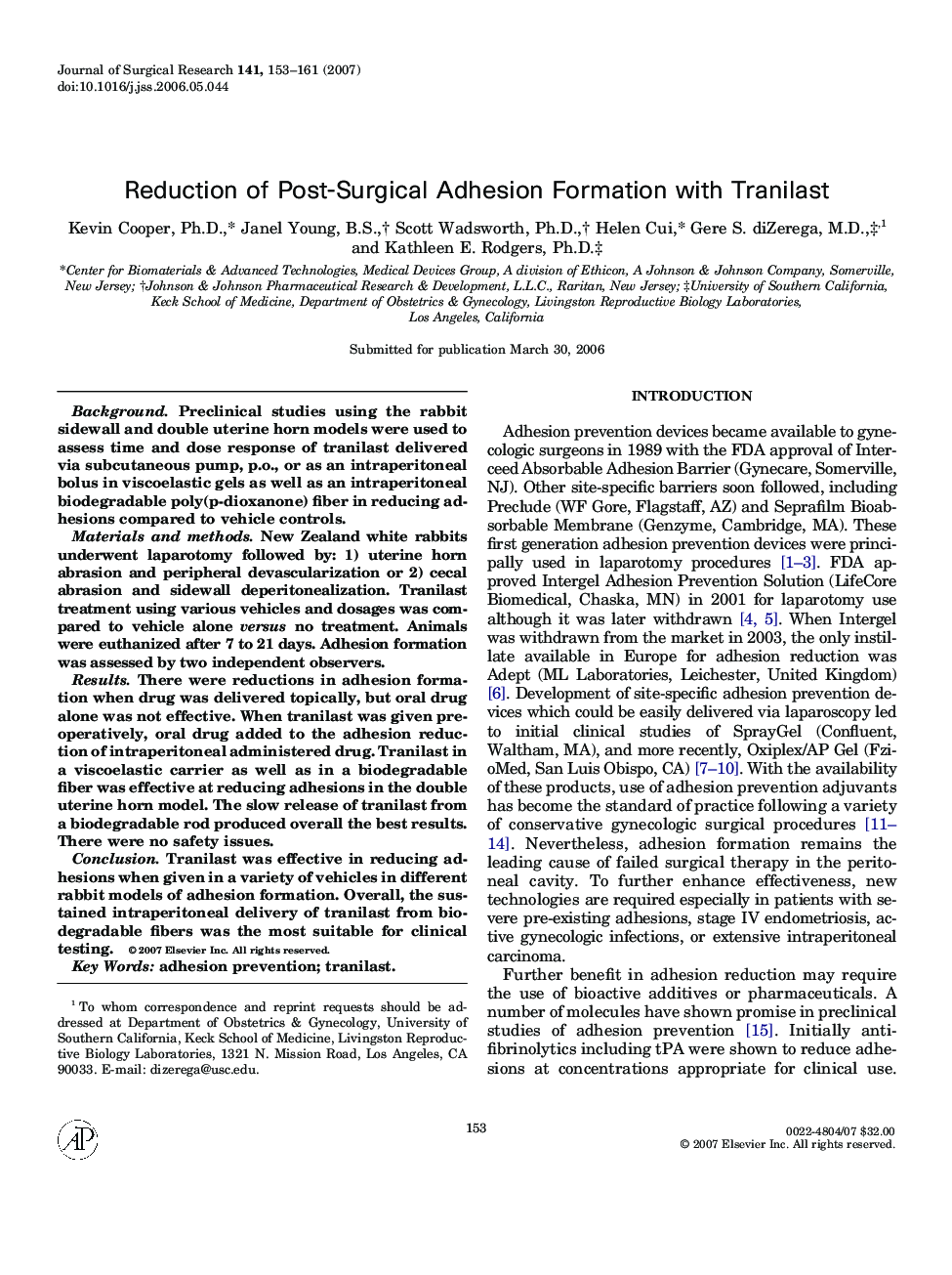 Reduction of Post-Surgical Adhesion Formation with Tranilast