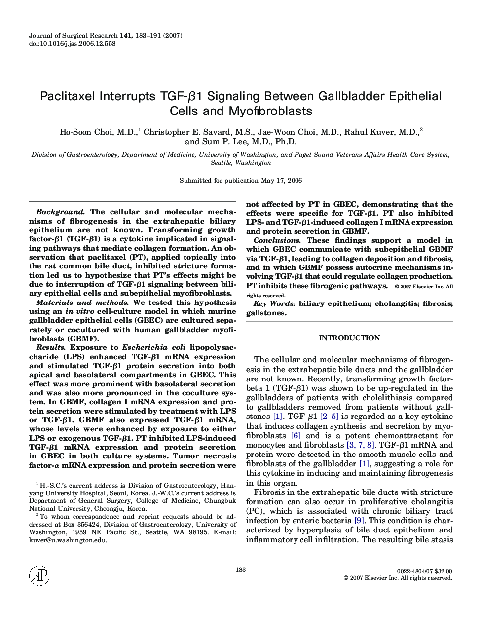 Paclitaxel Interrupts TGF-Î²1 Signaling Between Gallbladder Epithelial Cells and Myofibroblasts