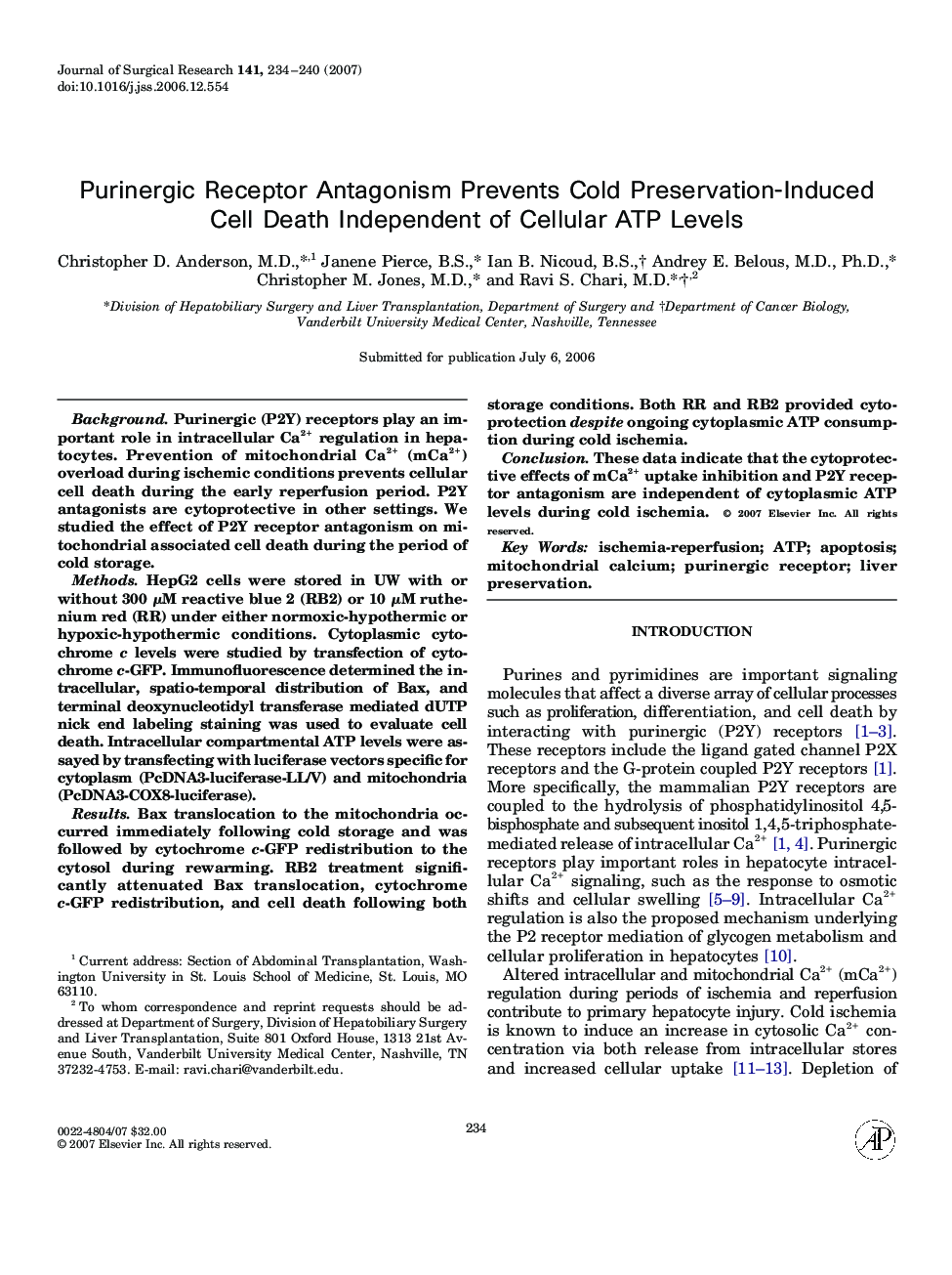 Purinergic Receptor Antagonism Prevents Cold Preservation-Induced Cell Death Independent of Cellular ATP Levels