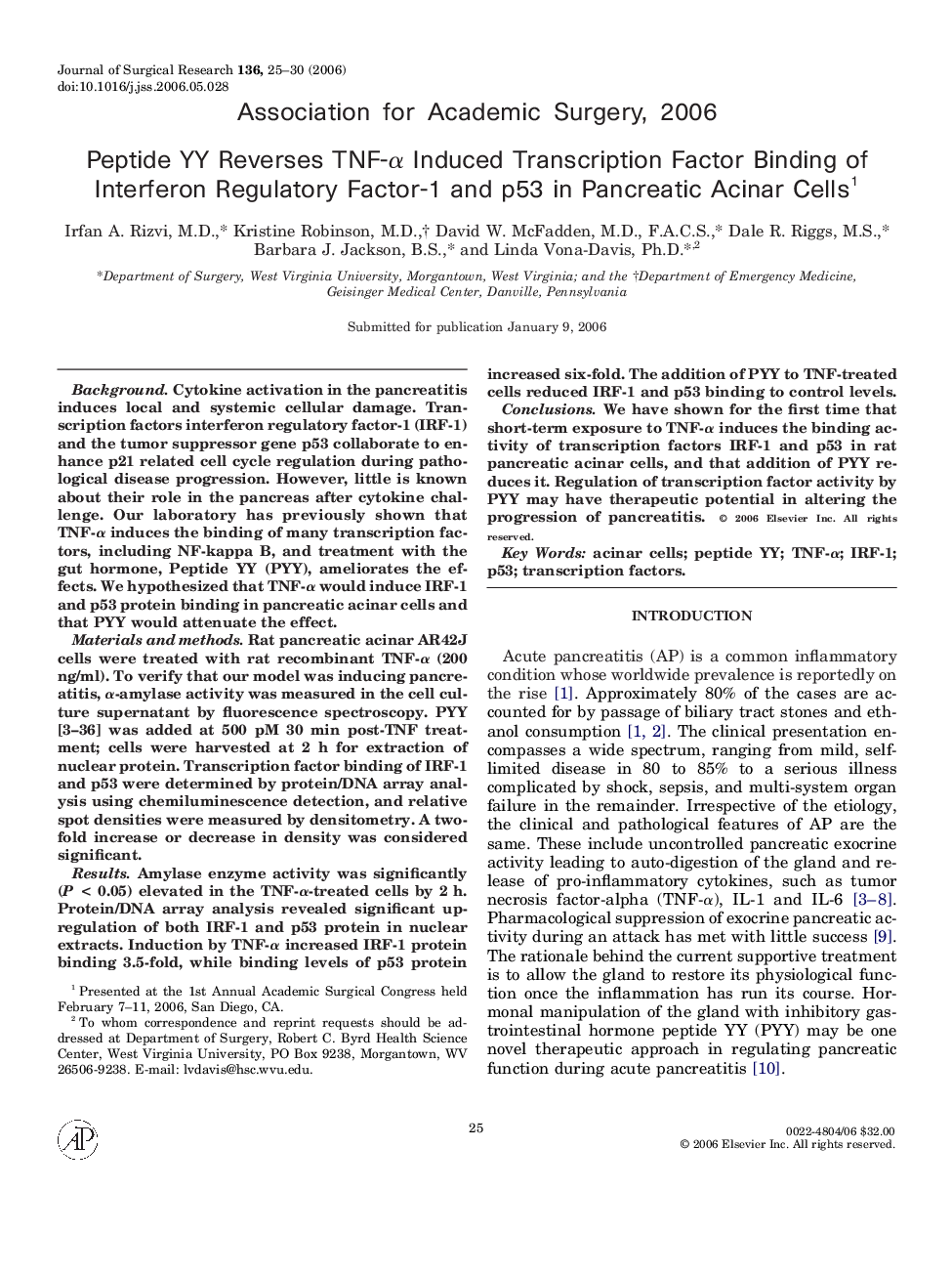 Peptide YY Reverses TNF-α Induced Transcription Factor Binding of Interferon Regulatory Factor-1 and p53 in Pancreatic Acinar Cells