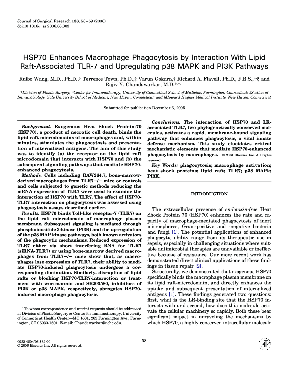 HSP70 Enhances Macrophage Phagocytosis by Interaction With Lipid Raft-Associated TLR-7 and Upregulating p38 MAPK and PI3K Pathways