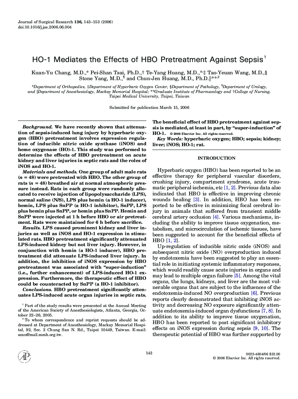 HO-1 Mediates the Effects of HBO Pretreatment Against Sepsis