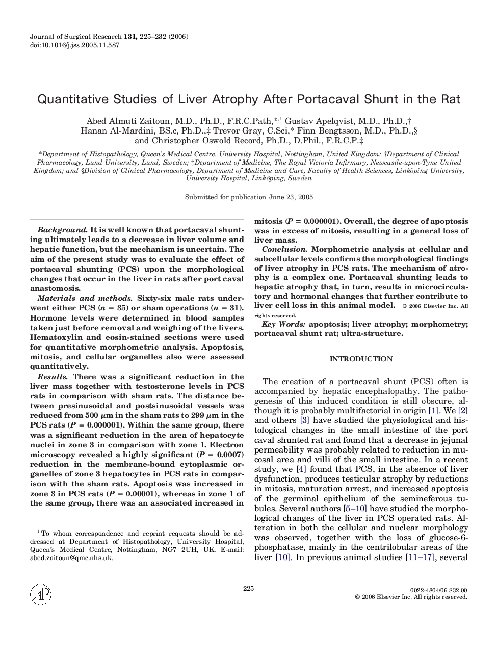 Quantitative Studies of Liver Atrophy After Portacaval Shunt in the Rat