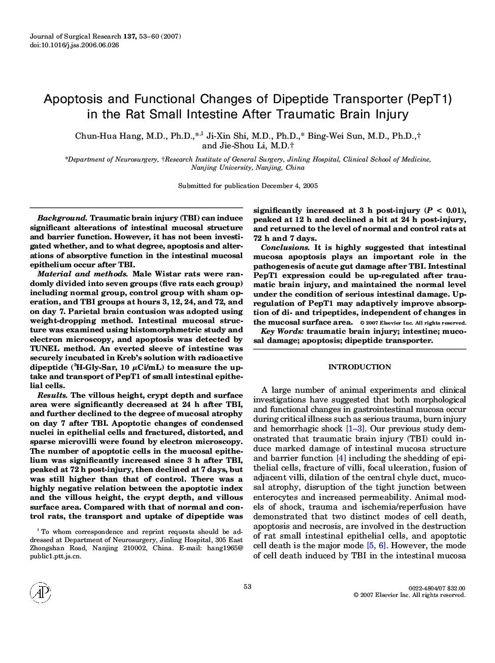 Apoptosis and Functional Changes of Dipeptide Transporter (PepT1) in the Rat Small Intestine After Traumatic Brain Injury