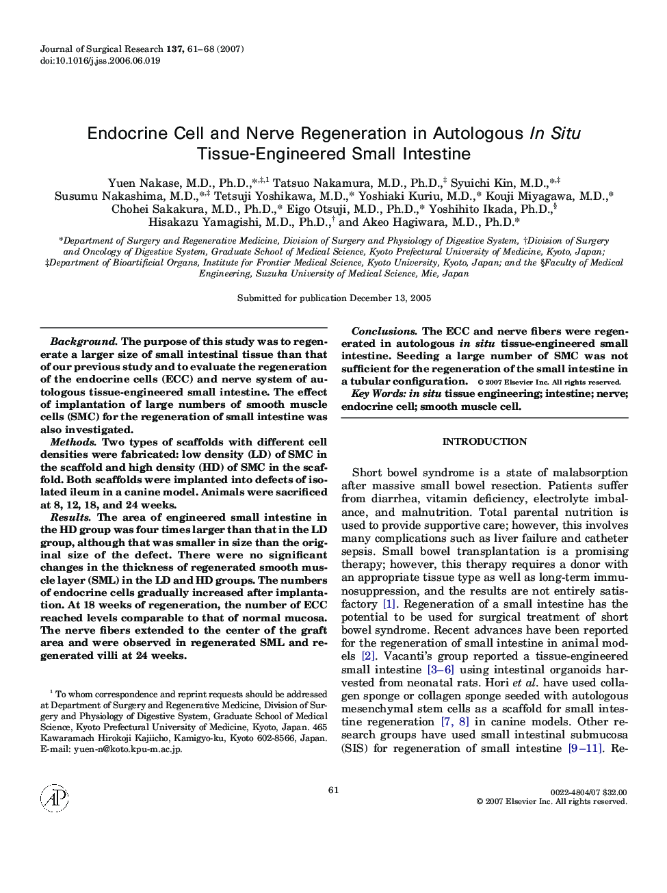 Endocrine Cell and Nerve Regeneration in Autologous In Situ Tissue-Engineered Small Intestine