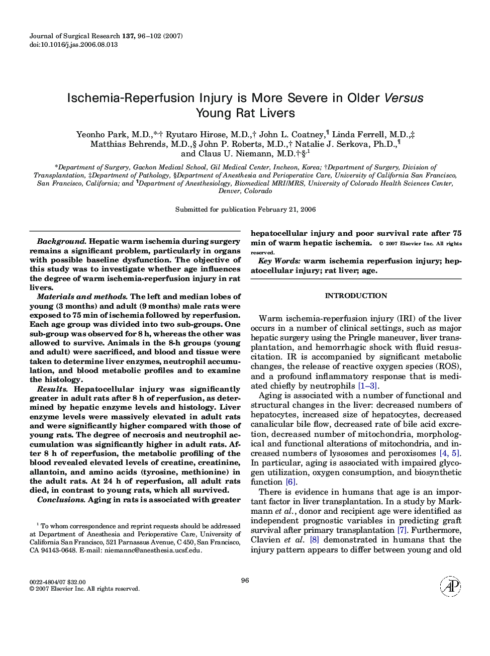 Ischemia-Reperfusion Injury is More Severe in Older Versus Young Rat Livers