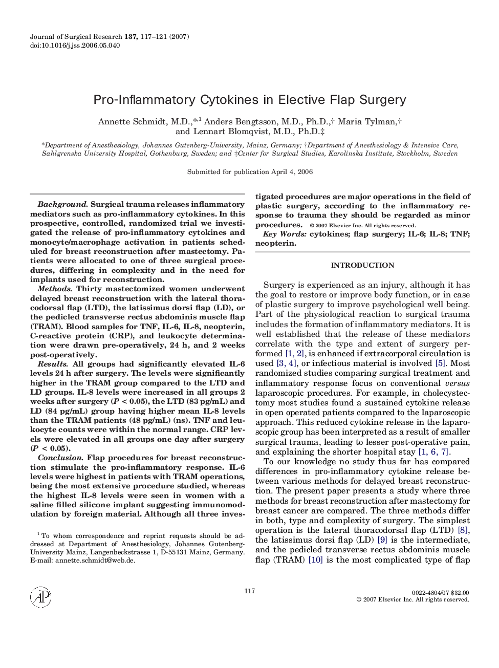 Pro-Inflammatory Cytokines in Elective Flap Surgery