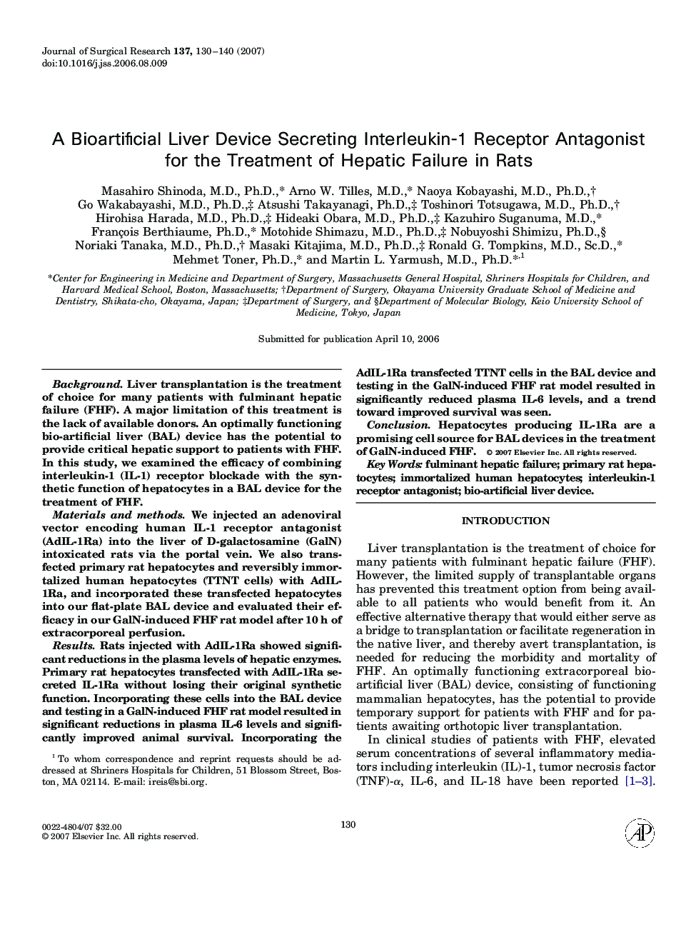 A Bioartificial Liver Device Secreting Interleukin-1 Receptor Antagonist for the Treatment of Hepatic Failure in Rats
