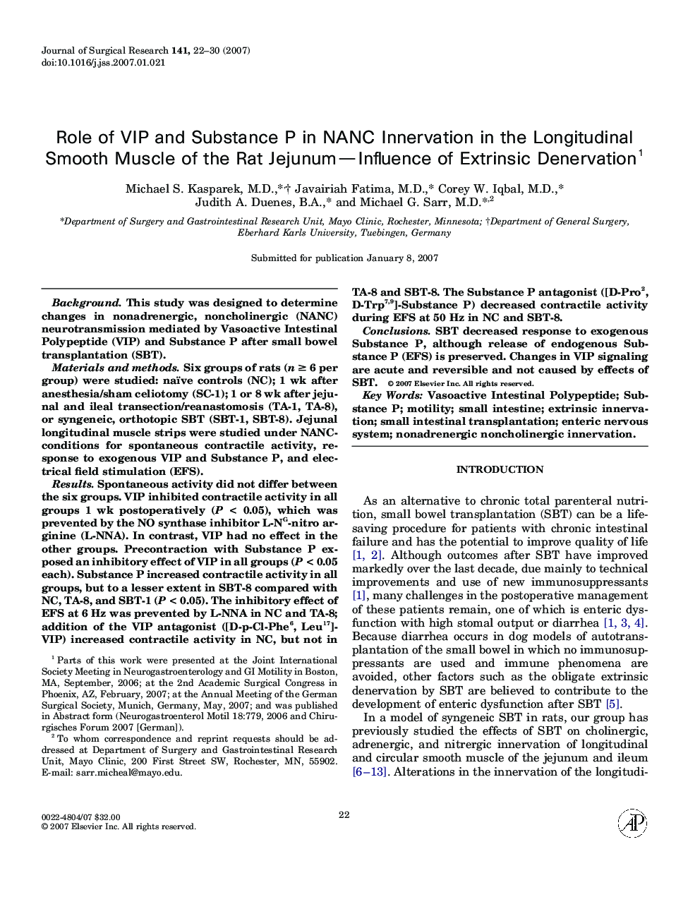 Role of VIP and Substance P in NANC Innervation in the Longitudinal Smooth Muscle of the Rat Jejunum—Influence of Extrinsic Denervation 1