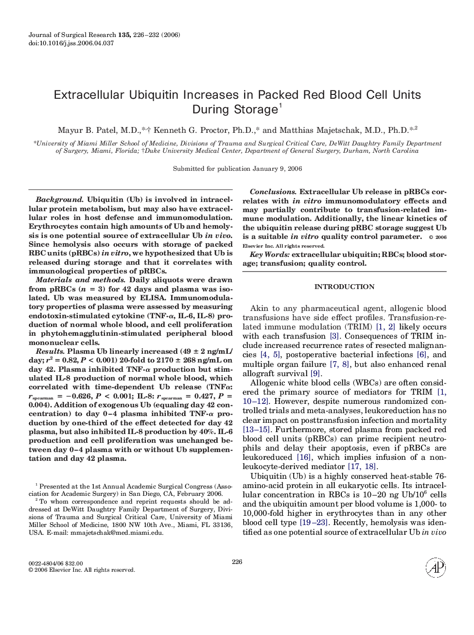 Extracellular Ubiquitin Increases in Packed Red Blood Cell Units During Storage