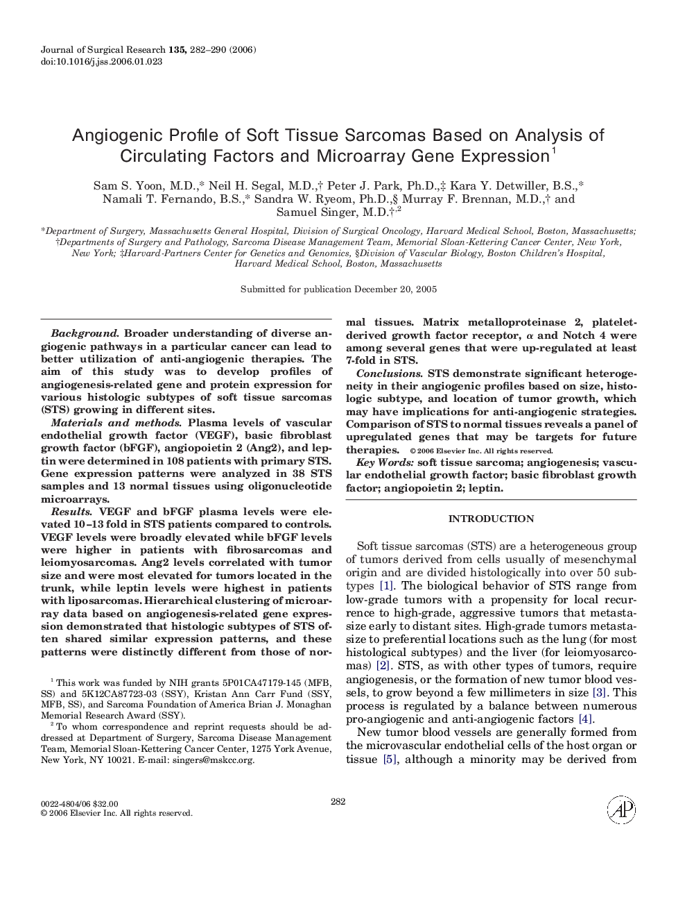 Angiogenic Profile of Soft Tissue Sarcomas Based on Analysis of Circulating Factors and Microarray Gene Expression 1